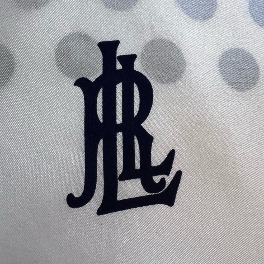 Lauren Ralph Lauren 100% Silk White and Navy Blue Polka Dot Scarf - Picture 7 of 11